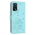 For OPPO A16 / A16s / A54s Embossed Kitten Phone Leather Case with Lanyard(Mint Green) - 3