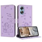 For OPPO A17 4G Global Embossed Kitten Phone Leather Case with Lanyard(Purple) - 1