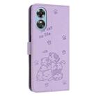 For OPPO A17 4G Global Embossed Kitten Phone Leather Case with Lanyard(Purple) - 3