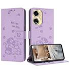 For OPPO A59 5G Global Embossed Kitten Phone Leather Case with Lanyard(Purple) - 1