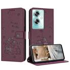 For OPPO A79 5G Global Embossed Kitten Phone Leather Case with Lanyard(Wine Red) - 1