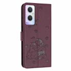 For OPPO Reno7 Z Global Embossed Kitten Phone Leather Case with Lanyard(Wine Red) - 3