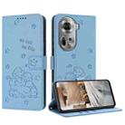 For OPPO Reno11 5G Global Embossed Kitten Phone Leather Case with Lanyard(Blue) - 1