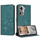 For OPPO Reno11 5G Global Embossed Kitten Phone Leather Case with Lanyard(Dark Green) - 1