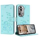 For OPPO Reno11 Pro Global Embossed Kitten Phone Leather Case with Lanyard(Mint Green) - 1