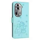 For OPPO Reno11 Pro Global Embossed Kitten Phone Leather Case with Lanyard(Mint Green) - 3