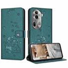 For OPPO Reno11 Pro Global Embossed Kitten Phone Leather Case with Lanyard(Dark Green) - 1