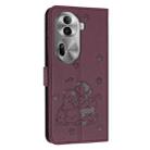 For OPPO Reno11 Pro Global Embossed Kitten Phone Leather Case with Lanyard(Wine Red) - 3
