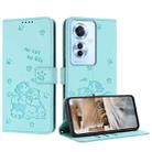 For OPPO Reno11 F Global Embossed Kitten Phone Leather Case with Lanyard(Mint Green) - 1