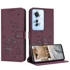 For OPPO Reno11 F Global Embossed Kitten Phone Leather Case with Lanyard(Wine Red) - 1