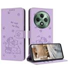 For OPPO Reno12 F 5G Embossed Kitten Phone Leather Case with Lanyard(Purple) - 1