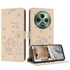 For OPPO Reno12 F 5G Embossed Kitten Phone Leather Case with Lanyard(Beige) - 1