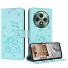 For OPPO Reno12 F 5G Embossed Kitten Phone Leather Case with Lanyard(Mint Green) - 1