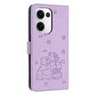 For OPPO Reno13 5G Global Embossed Kitten Phone Leather Case with Lanyard(Purple) - 3