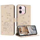 For OPPO A5 Pro 5G Global Embossed Kitten Phone Leather Case with Lanyard(Beige) - 1