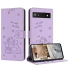 For Google Pixel 6a Embossed Kitten Phone Leather Case with Lanyard(Purple) - 1