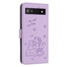 For Google Pixel 6a Embossed Kitten Phone Leather Case with Lanyard(Purple) - 3