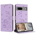 For Google Pixel 7 Embossed Kitten Phone Leather Case with Lanyard(Purple) - 1