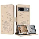 For Google Pixel 7 Embossed Kitten Phone Leather Case with Lanyard(Beige) - 1