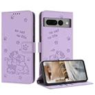 For Google Pixel 7 Pro Embossed Kitten Phone Leather Case with Lanyard(Purple) - 1