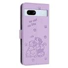 For Google Pixel 7a Embossed Kitten Phone Leather Case with Lanyard(Purple) - 3