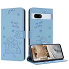 For Google Pixel 7a Embossed Kitten Phone Leather Case with Lanyard(Blue) - 1