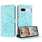 For Google Pixel 7a Embossed Kitten Phone Leather Case with Lanyard(Mint Green) - 1