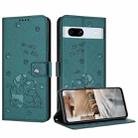 For Google Pixel 7a Embossed Kitten Phone Leather Case with Lanyard(Dark Green) - 1