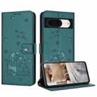 For Google Pixel 8 Embossed Kitten Phone Leather Case with Lanyard(Dark Green) - 1