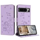 For Google Pixel 8 Pro Embossed Kitten Phone Leather Case with Lanyard(Purple) - 1