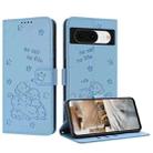 For Google Pixel 8a Embossed Kitten Phone Leather Case with Lanyard(Blue) - 1