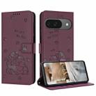 For Google Pixel 9 / 9 Pro Embossed Kitten Phone Leather Case with Lanyard(Wine Red) - 1