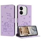 For itel A80 Embossed Kitten Phone Leather Case with Lanyard(Purple) - 1