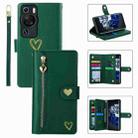 For Huawei P60 Pro POLA Love Multi-Card Slots Zipper Wallet Leather Phone Case(Dark Green) - 1