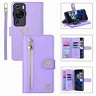 For Huawei P60 Pro POLA Love Multi-Card Slots Zipper Wallet Leather Phone Case(Purple) - 1