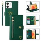 For iPhone 12 POLA Love Multi-Card Slots Zipper Wallet Leather Phone Case(Dark Green) - 1