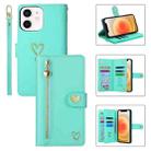 For iPhone 12 POLA Love Multi-Card Slots Zipper Wallet Leather Phone Case(Light Green) - 1
