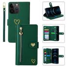For iPhone 12 Pro Max POLA Love Multi-Card Slots Zipper Wallet Leather Phone Case(Dark Green) - 1