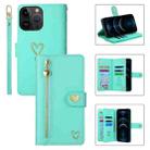 For iPhone 12 Pro Max POLA Love Multi-Card Slots Zipper Wallet Leather Phone Case(Light Green) - 1