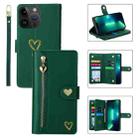 For iPhone 13 Pro Max POLA Love Multi-Card Slots Zipper Wallet Leather Phone Case(Dark Green) - 1