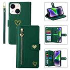 For iPhone 14 POLA Love Multi-Card Slots Zipper Wallet Leather Phone Case(Dark Green) - 1