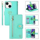 For iPhone 14 Plus POLA Love Multi-Card Slots Zipper Wallet Leather Phone Case(Light Green) - 1