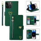 For iPhone 14 Pro Max POLA Love Multi-Card Slots Zipper Wallet Leather Phone Case(Dark Green) - 1