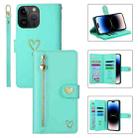 For iPhone 14 Pro Max POLA Love Multi-Card Slots Zipper Wallet Leather Phone Case(Light Green) - 1
