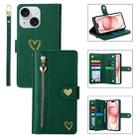 For iPhone 15 POLA Love Multi-Card Slots Zipper Wallet Leather Phone Case(Dark Green) - 1