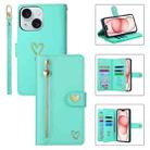 For iPhone 15 Plus POLA Love Multi-Card Slots Zipper Wallet Leather Phone Case(Light Green) - 1