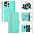 For iPhone 15 Pro POLA Love Multi-Card Slots Zipper Wallet Leather Phone Case(Light Green) - 1