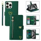 For iPhone 15 Pro Max POLA Love Multi-Card Slots Zipper Wallet Leather Phone Case(Dark Green) - 1