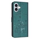 For iPhone 16 Plus Embossed Kitten Phone Leather Case with Lanyard(Dark Green) - 3