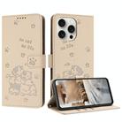 For iPhone 15 Pro Max Embossed Kitten Phone Leather Case with Lanyard(Beige) - 1